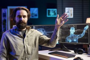 Rogue AI taking control of software developer, moving his limbs, starting robot uprising posing risk to mankind. Artificial intelligence possessing engineer, spiraling out of control